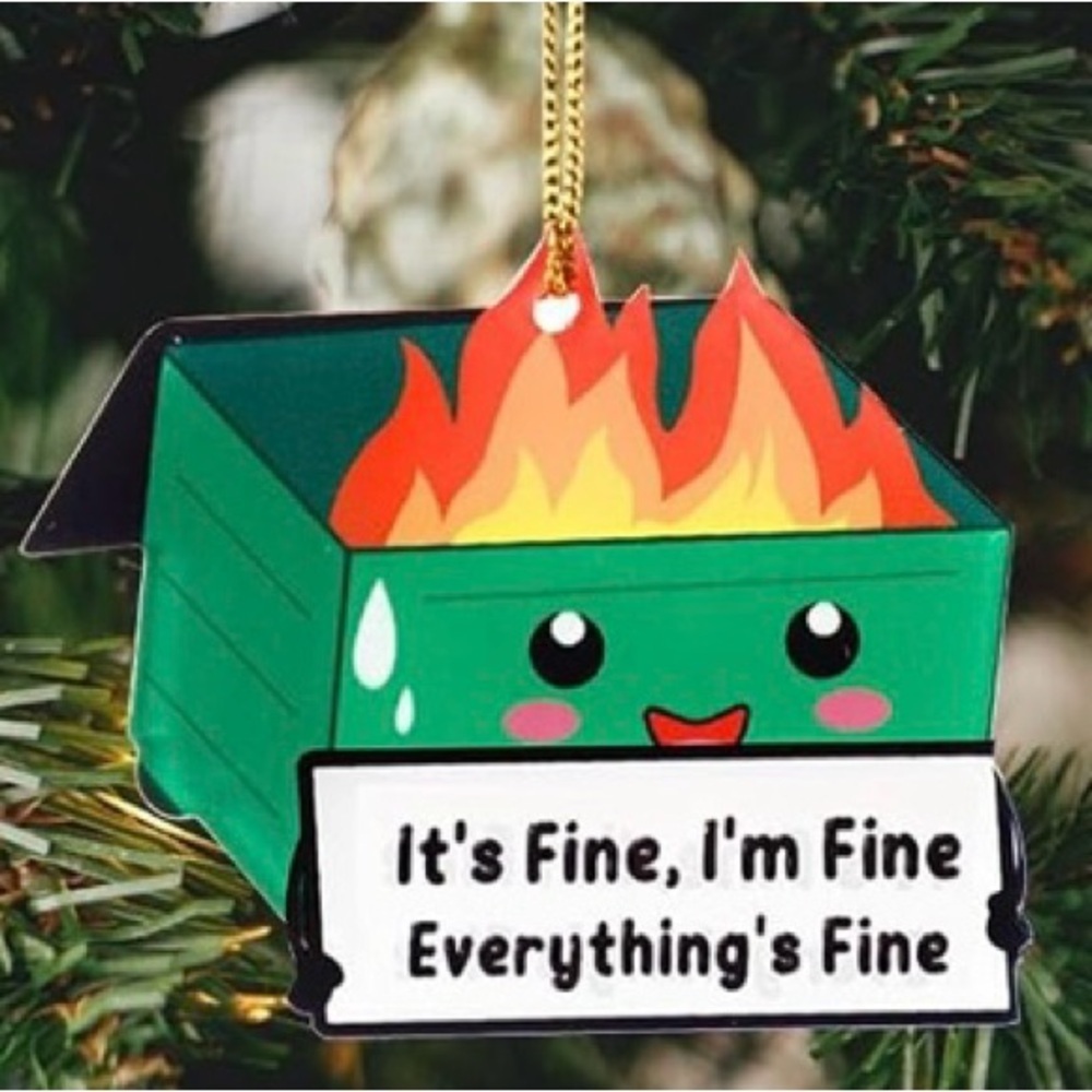 Green Dumpster Fire Holiday Ornament with Cheerful Face